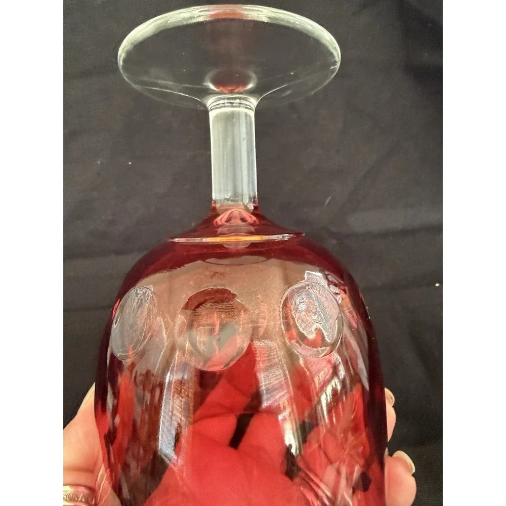 Ruby Red Stemmed Painted Glass Wine Glass, Clear Base, 5.5 in, Round